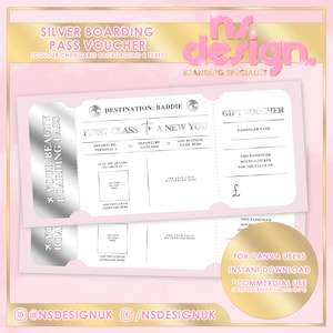 Bordkarte Geschenkgutschein-Design, Canva bearbeitbar, silber, bearbeitbarer Hintergrund & Text, Geschenkkartendesign, Gutschein, Geschenk, Bordkarte