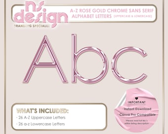 May include: A-Z rose gold chrome sans serif alphabet letters, shown as "Abc". The image includes the text "Elevate Your Brand, Elevate Your Business" and "ns design BRANDING SPECIALIST". Includes 26 uppercase and 26 lowercase letters.