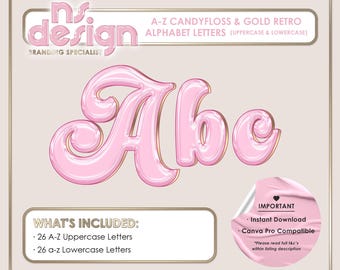 A-Z Candyfloss Pink and Gold Glossy Retro Letters, Candyfloss Light Pink and Gold Glossy Alphabet, PNG Retro Letters, Pink Gold Clipart