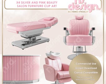 May include: Pink salon furniture clip art set, including a reclining chair, a barber chair, a shampoo bowl, and a counter. The furniture is silver and pink with a modern design.  "ns.design. BRANDING SPECIALIST" is written in the top right corner of the image.