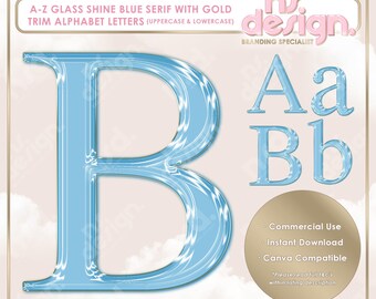 May include: Blue glass shine alphabet letters with gold trim in uppercase and lowercase. The letter B is shown in the image. The letters are designed for commercial use, instant download, and are Canva compatible.