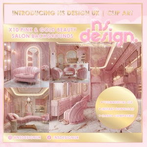 May include: A collage of ten pink and gold beauty salon backgrounds. The backgrounds feature a variety of furniture, including sofas, chairs, and tables. The backgrounds are ideal for use in social media posts, website banners, and other marketing materials.