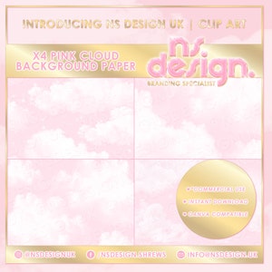 Könnte beinhalten: Ein Satz von vier rosa Wolken-Hintergrundpapieren mit goldener Umrandung. Die Papiere sind perfekt, um Ihren Designs einen Hauch von Verspieltheit zu verleihen. Der Text "Introducing NS Design UK | Clip Art" und "X4 Pink Cloud Background Paper" befindet sich oben im Bild. Der Text "ns.design. Branding Specialist" befindet sich in der oberen rechten Ecke des Bildes. Der Text "COMMERCIAL USE, INSTANT DOWNLOAD, CANVA COMPATIBLE" befindet sich in der unteren rechten Ecke des Bildes. Der Text "@NSDESIGNUK, /NSDESIGN.SHREWS, INFO@NSDESIGN.UK" befindet sich unten im Bild.
