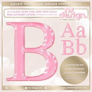 Puede incluir: Letras del alfabeto de brillo de vidrio rosa con borde dorado. Las letras están en un estilo de fuente serif. Las letras están en mayúsculas y minúsculas. Las letras están en un esquema de color rosa y dorado. Las letras están sobre un fondo blanco. Las letras son para uso comercial, descarga instantánea y compatibles con Canva.