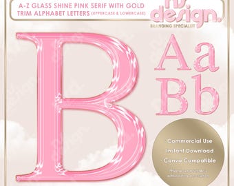 May include: Pink glass shine alphabet letters with gold trim. The letters are in a serif font style. The letters are uppercase and lowercase. The letters are in a pink and gold color scheme. The letters are on a white background. The letters are for commercial use, instant download, and Canva compatible.