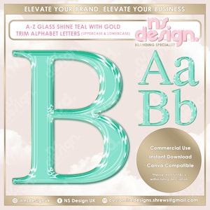 May include: Teal glass alphabet letters with gold trim, including uppercase and lowercase letters. The image features the letter "B" prominently, along with "Aa" and "Bb". The design is for branding and is Canva compatible.