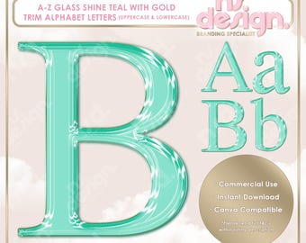 May include: Teal glass alphabet letters with gold trim, including uppercase and lowercase letters. The image features the letter "B" prominently, along with "Aa" and "Bb". The design is for branding and is Canva compatible.