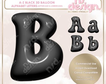 May include: Black 3D balloon alphabet letters in uppercase and lowercase. The letters are in a bubbly, rounded font. The letters are on a white background with a pink and gold design. The letters are for commercial use, instant download, and Canva compatible.