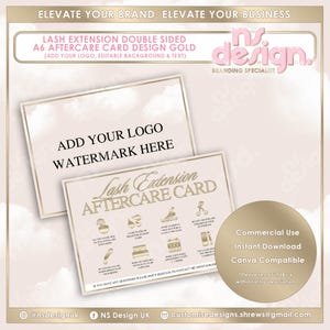 A6 Pocztówka, Szablon karty Aftercare Design, Canva, Edytowalny, Złoty, Projekt krajobrazu A6, Marketing, Karta Aftercare dla przedłużania rzęs, Uroda