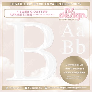 May include: White glossy serif alphabet letters in uppercase and lowercase. The letters A, a, B, and b are shown. The letters are on a pink background with a cloud pattern. The text "A-Z White Glossy Serif Alphabet Letters (uppercase & lowercase)" is at the top of the image. The text "ns.design. Branding Specialist" is at the top right of the image. The text "Commercial Use, Instant Download, Canva Compatible" is at the bottom right of the image.