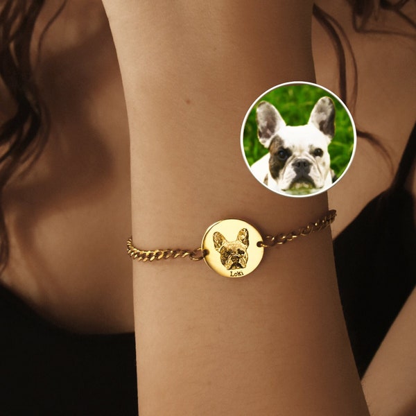 Pet Portrait Custom Bracelet for Dog Mom, Memorial Dog Photo Bangle, Engraved Cat Portrait, Cat Photo Jewelry, Pet Loss Gift, Adoption Gifts