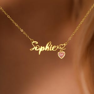 Collar con nombre personalizado y piedra de nacimiento, collar con nombre personalizado, collar con nombre y piedra de nacimiento de corazón, joyería de corazón, regalos de San Valentín