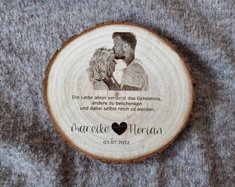 Tree disc, wooden disc with photo engraving name saying date, completely personalised