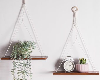 Hanging Plant Shelf for Wall,2Pcs Plant Hanging Floating Shelves with String Small Bookshelves,Cute Wood Living Boho Wall Hanging Shelves
