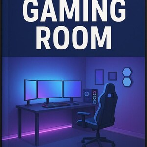 Puede incluir: Portada de libro con el título "HOW TO BUILD A GAMING ROOM" en letras blancas sobre fondo azul oscuro. La imagen muestra una configuración de juego con tres monitores, un escritorio, una silla y el texto "A STEP-BY-STEP GUIDE FOR BEGINNERS".