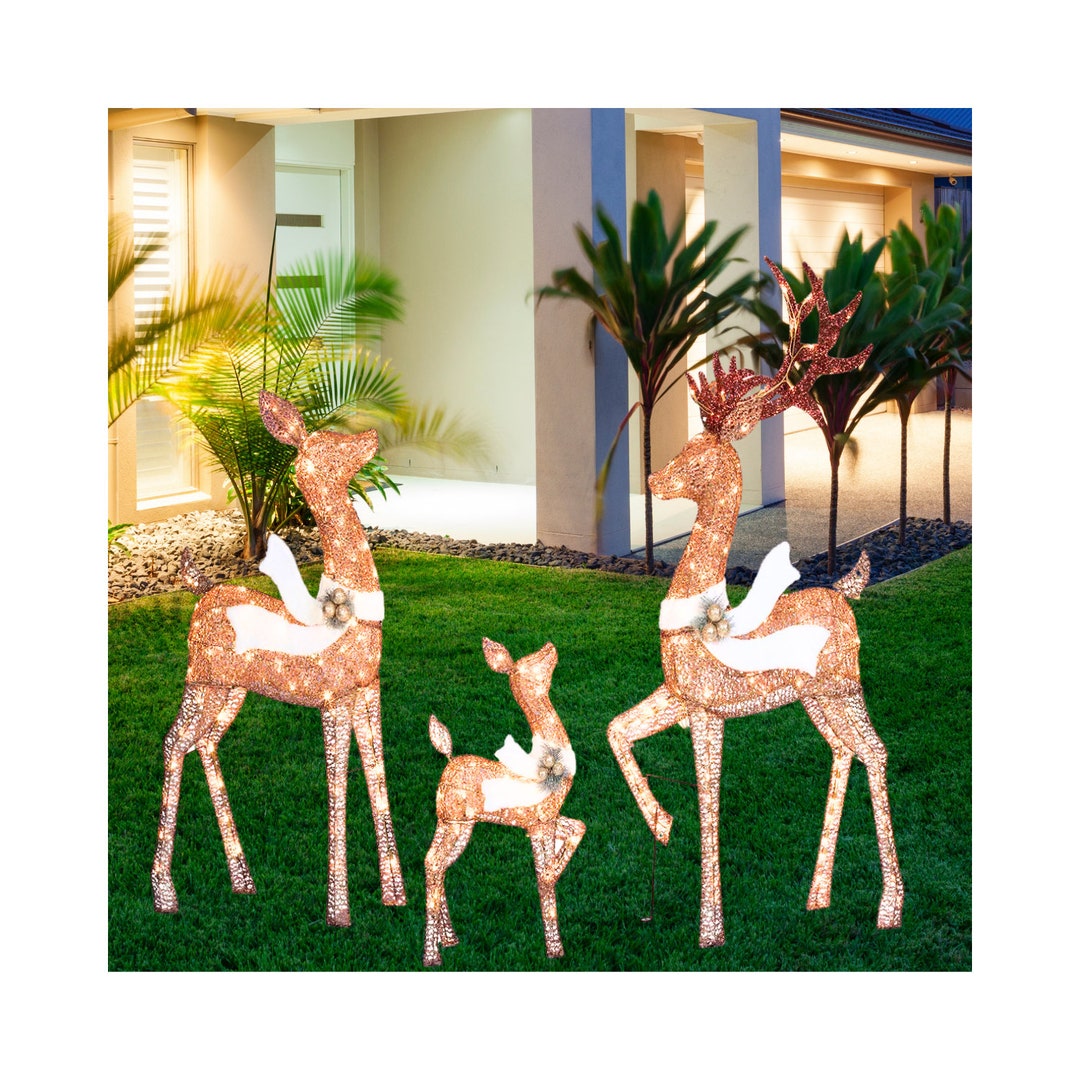 Christmas Brown Deer 3piece LED Decor Set With White Ribbons Etsy