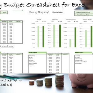 Prosty miesięczny arkusz kalkulacyjny budżetu, Excel, Planer budżetu, Śledzenie oszczędności, Śledzenie wydatków, dolary amerykańskie, funty brytyjskie, szablon budżetu, finanse