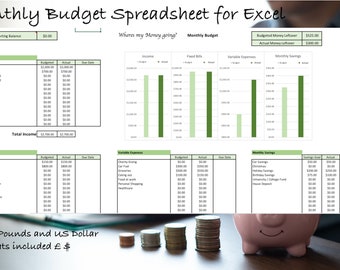 Op de afbeelding: Een groene en witte maandelijkse budgetspreadsheet voor Excel met de titel "Monthly Budget Spreadsheet for Excel". De spreadsheet bevat secties voor inkomsten, vaste kosten, variabele uitgaven en maandelijkse besparingen. De spreadsheet bevat ook een staafdiagram dat de begrote en werkelijke bedragen voor elke categorie laat zien. De spreadsheet wordt vergezeld door een spaarpot en munten, wat suggereert dat het een financieel thema heeft.