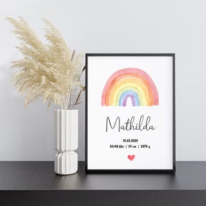 Geburtsposter Poster mit personalisierten Geburtsdaten | Geschenk zur Geburt Poster personalisiert Baby | Regenbogen Geburtstafel DIN A4