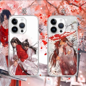 May include: Two clear phone cases with colorful anime-style illustrations. The cases feature two figures in each image, one in red and one in white. The cases are labeled with the numbers "3" and "4".