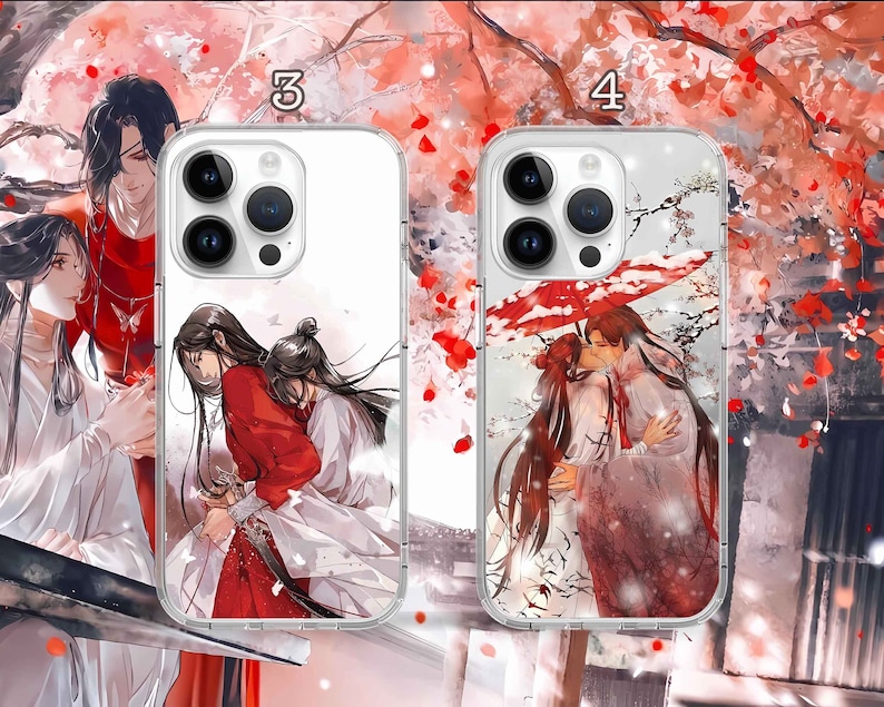 May include: Two clear phone cases with colorful anime-style illustrations. The cases feature two figures in each image, one in red and one in white. The cases are labeled with the numbers "3" and "4".