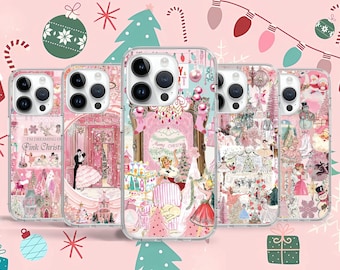 Christmas Pink Girly Cute Vintage Phone Case for iPhone 16 15 14 Pro Max Plus 13 12 Mini / Case for Samsung S24 S23 S22 A55 / Google Pixel