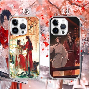 May include: Two clear phone cases with colorful anime-style illustrations. The case on the left features a scene with three figures in a forest setting. The case on the right features two figures in a more urban setting. Both cases have the numbers 13 and 14 printed on them.