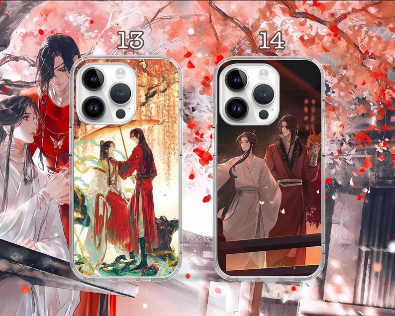 May include: Two clear phone cases with colorful anime-style illustrations. The case on the left features a scene with three figures in a forest setting. The case on the right features two figures in a more urban setting. Both cases have the numbers 13 and 14 printed on them.