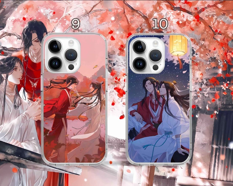 May include: Two clear phone cases with colorful anime-style illustrations. The cases feature characters in traditional Chinese clothing with a pink and blue color scheme. The cases are labeled with the numbers 9 and 10.