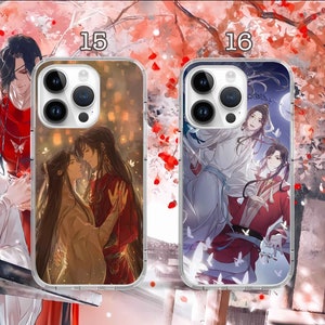 May include: Two phone cases with different designs featuring anime characters. The first case has a light background with two characters in a romantic pose. The second case has a dark background with three characters in a more dynamic pose. Both cases have a clear, protective layer.