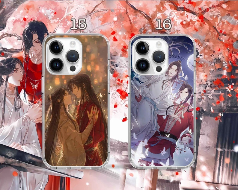 May include: Two phone cases with different designs featuring anime characters. The first case has a light background with two characters in a romantic pose. The second case has a dark background with three characters in a more dynamic pose. Both cases have a clear, protective layer.