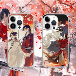 May include: Two clear phone cases with colorful anime-style illustrations. The first case features a group of three people in a red, white, and blue color scheme. The second case features two people in a red, white, and blue color scheme. Both cases have the numbers 11 and 12 printed on them.