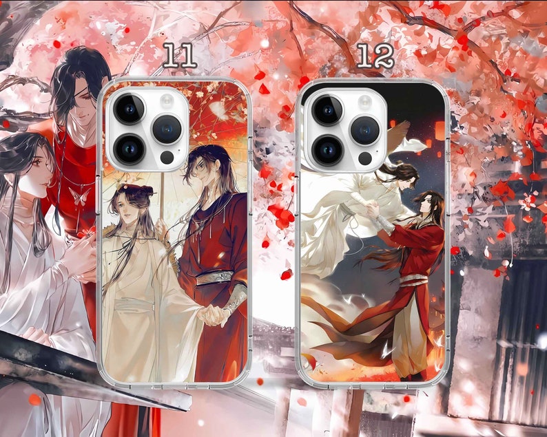 May include: Two clear phone cases with colorful anime-style illustrations. The first case features a group of three people in a red, white, and blue color scheme. The second case features two people in a red, white, and blue color scheme. Both cases have the numbers 11 and 12 printed on them.