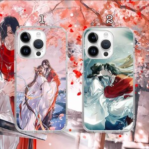 May include: Two clear phone cases with different designs. The first case features a couple in traditional Chinese clothing, with a pink and blue background. The second case features a couple in a more modern style, with a blue and white background. Both cases have the numbers "1" and "2" printed on them.