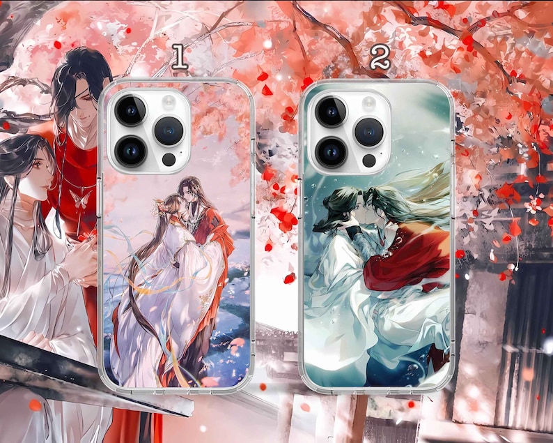 May include: Two clear phone cases with different designs. The first case features a couple in traditional Chinese clothing, with a pink and blue background. The second case features a couple in a more modern style, with a blue and white background. Both cases have the numbers "1" and "2" printed on them.