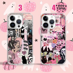 Puede incluir: Dos fundas transparentes para tel&eacute;fono con un dise&ntilde;o de tem&aacute;tica de Halloween en rosa y negro. Una funda tiene un dise&ntilde;o con una tabla Ouija, una calavera y una m&aacute;scara de Scream. La otra funda tiene un dise&ntilde;o con una bruja, un fantasma y un murci&eacute;lago.