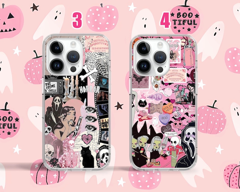 Puede incluir: Dos fundas transparentes para tel&eacute;fono con un dise&ntilde;o de tem&aacute;tica de Halloween en rosa y negro. Una funda tiene un dise&ntilde;o con una tabla Ouija, una calavera y una m&aacute;scara de Scream. La otra funda tiene un dise&ntilde;o con una bruja, un fantasma y un murci&eacute;lago.
