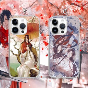 May include: Two clear phone cases with colorful anime-style illustrations. The first case features a red-clad character with a butterfly on their shoulder, and two other characters in white and blue clothing. The second case features two characters in blue and white clothing. Both cases have the numbers "7" and "8" printed on them.