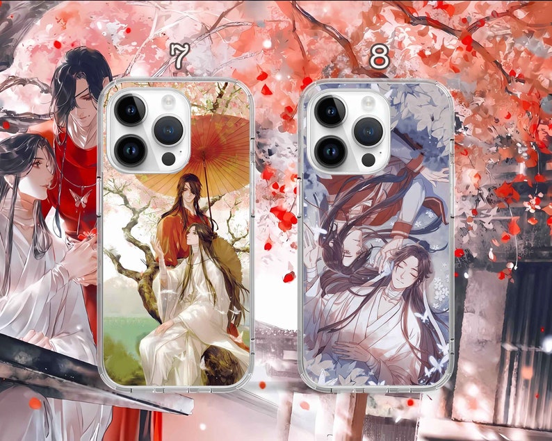 May include: Two clear phone cases with colorful anime-style illustrations. The first case features a red-clad character with a butterfly on their shoulder, and two other characters in white and blue clothing. The second case features two characters in blue and white clothing. Both cases have the numbers "7" and "8" printed on them.