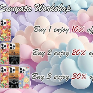 May include: Three iPhone cases with different designs. The first case has a colorful candy design. The second case has a plane landing on a runway. The third case has a floral design. The text on the image reads "Buy 1 enjoy 10% off, Buy 2 enjoy 20% off, Buy 3 enjoy 30% off".