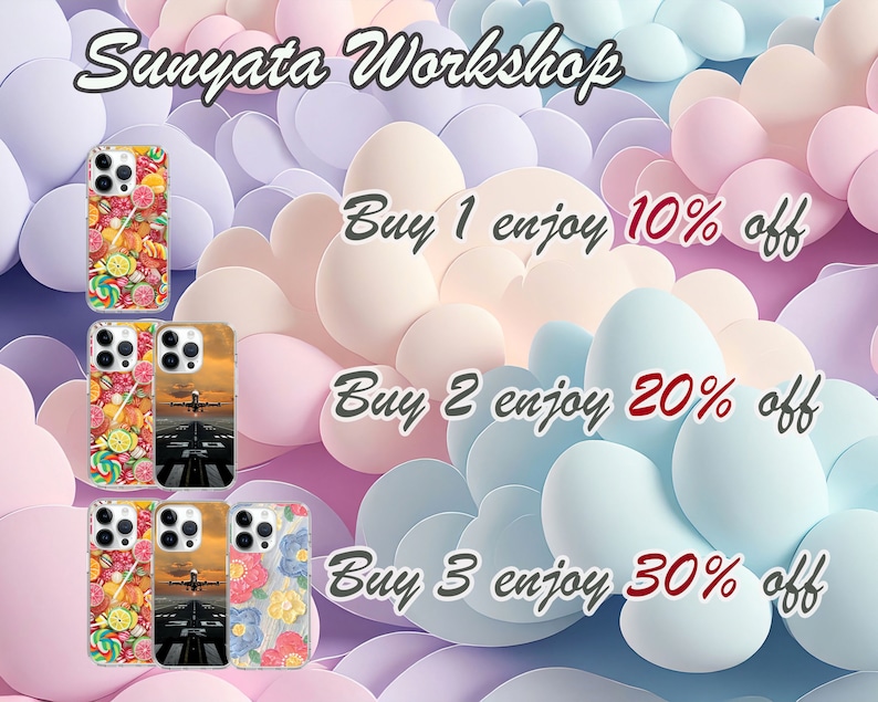 May include: Three iPhone cases with different designs. The first case has a colorful candy design. The second case has a plane landing on a runway. The third case has a floral design. The text on the image reads "Buy 1 enjoy 10% off, Buy 2 enjoy 20% off, Buy 3 enjoy 30% off".