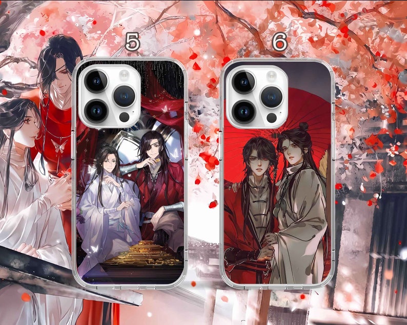 May include: Two clear phone cases with colorful anime-style illustrations. The cases feature characters with long black hair and colorful clothing. The text "5" and "6" are visible on the cases.
