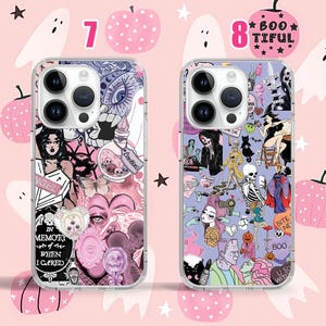 Puede incluir: Dos fundas transparentes para tel&eacute;fono con dise&ntilde;os de tem&aacute;tica de Halloween. La funda de la izquierda tiene un dise&ntilde;o en blanco y negro con una calavera, una mariposa y el texto "In memory of when I cared". La funda de la derecha tiene un fondo morado con una variedad de im&aacute;genes de tem&aacute;tica de Halloween, incluyendo una bruja, un fantasma y una calavera. El texto "Boo-tiful" est&aacute; impreso en la funda.