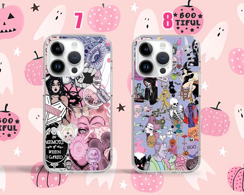 Puede incluir: Dos fundas transparentes para tel&eacute;fono con dise&ntilde;os de tem&aacute;tica de Halloween. La funda de la izquierda tiene un dise&ntilde;o en blanco y negro con una calavera, una mariposa y el texto "In memory of when I cared". La funda de la derecha tiene un fondo morado con una variedad de im&aacute;genes de tem&aacute;tica de Halloween, incluyendo una bruja, un fantasma y una calavera. El texto "Boo-tiful" est&aacute; impreso en la funda.