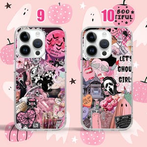 Puede incluir: Dos fundas transparentes para tel&eacute;fono con dise&ntilde;os de tem&aacute;tica de Halloween. La funda de la izquierda presenta un collage rosa, negro y blanco con el texto "if you got it, haunt it." La funda de la derecha presenta un collage rosa, negro y blanco con el texto "Let's Ghoul Girl."