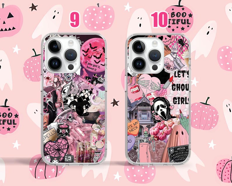 Puede incluir: Dos fundas transparentes para tel&eacute;fono con dise&ntilde;os de tem&aacute;tica de Halloween. La funda de la izquierda presenta un collage rosa, negro y blanco con el texto "if you got it, haunt it." La funda de la derecha presenta un collage rosa, negro y blanco con el texto "Let's Ghoul Girl."