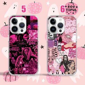 Puede incluir: Dos fundas transparentes para tel&eacute;fono con dise&ntilde;os gr&aacute;ficos coloridos. La funda de la izquierda presenta un dise&ntilde;o rosa, negro y blanco con el texto "Vampire Love" y "4:20:00". La funda de la derecha presenta un dise&ntilde;o rosa, negro y blanco con el texto "Called Murder Baby" y "RIP The Intruder".