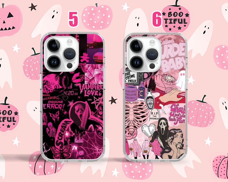 Puede incluir: Dos fundas transparentes para tel&eacute;fono con dise&ntilde;os gr&aacute;ficos coloridos. La funda de la izquierda presenta un dise&ntilde;o rosa, negro y blanco con el texto "Vampire Love" y "4:20:00". La funda de la derecha presenta un dise&ntilde;o rosa, negro y blanco con el texto "Called Murder Baby" y "RIP The Intruder".