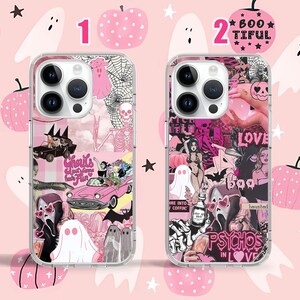 Puede incluir: Dos fundas para iPhone de color rosa y blanco con tem&aacute;tica de Halloween. Las fundas presentan un collage de im&aacute;genes que incluyen fantasmas, murci&eacute;lagos, calabazas y el texto "Boo-tiful" y "Ghoul's Just Wanna Have Fun".