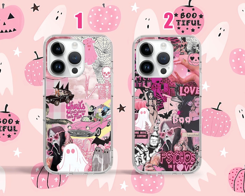 Puede incluir: Dos fundas para iPhone de color rosa y blanco con tem&aacute;tica de Halloween. Las fundas presentan un collage de im&aacute;genes que incluyen fantasmas, murci&eacute;lagos, calabazas y el texto "Boo-tiful" y "Ghoul's Just Wanna Have Fun".